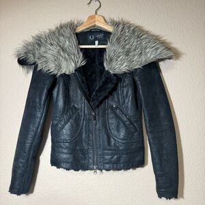 Armani Jeans Vintage Y2K Black Faux Fur Collar Faux Leather Moto Sherpa Jacket 2